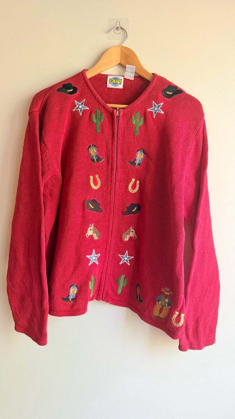 Rod's Western Embroidered Zip-Up Cardigan Sweater Red Size L